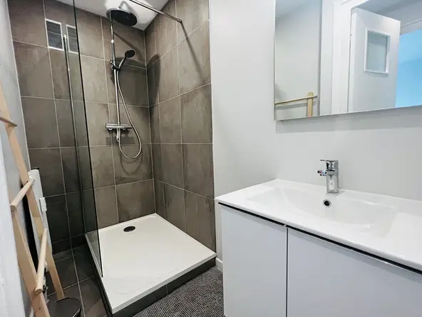 Salle d'eau avec douche carrelée et meuble vasque — colocation Villeurbanne
