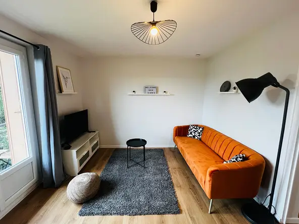 Salon avec TV, canapé et parquet — colocation meublée Villeurbanne